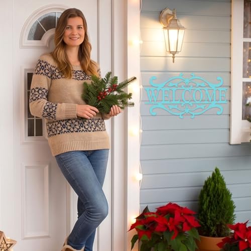 AHYS Metal Welcome Sign for Front Door Vintage Welcome Door Sign for Indoor Outdoor Wall Decor - Light Blue - color: Light Blue