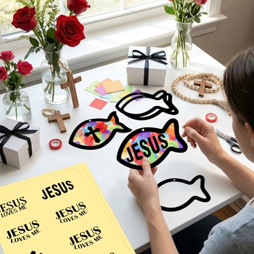 Renbuzhu 48PCS Sunday School VBS Crafts Bulk: Paper Jesus Fish Nativity Suncatchers, Religious Christian Activity DIY Kits Church Decorations, Window Stained Glass Effect Art Supplies - style: jesus fish