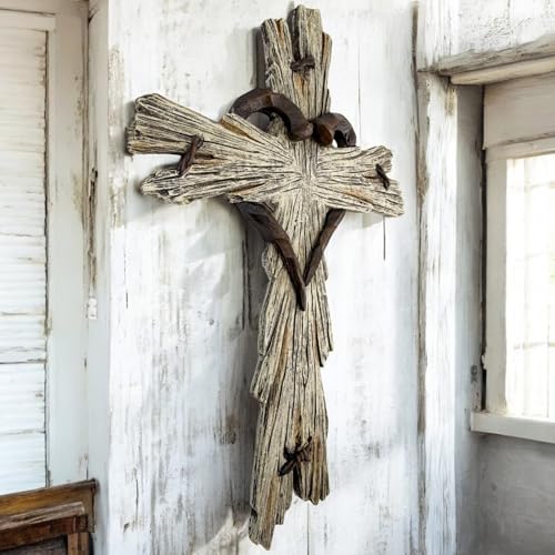 Rustic Wood-Look Resin Wall Cross with Barbed Wire & Nail Heart Accents – 11 ½” Christian Farmhouse Wall Décor, Inspirational Religious Gift (Whitewash) - color: Whitewash