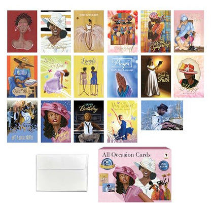 African American Birthday Cards Assortment Box – Set of 18 All Occasion Black Greeting Cards with Envelopes – Beautiful Black Women Designs – Premium Cardstock use for Mother's Day - style: Assortment 760
