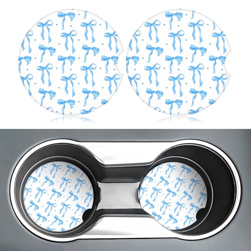 Blue Bow Car Coasters for Cup Holders,2 Pack Car Cup Holder Coasters for Car,Ceramic Absorbent Car Coaster with A Finger Notch and Cork Base,Car Interior Accessories for Women Men - color: Blue Bow