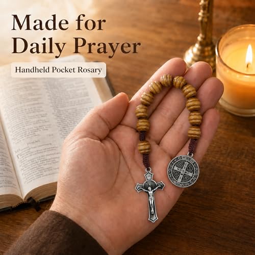 8 Inch Wooden Pocket Rosary for Men, Rosario with Saint Benedict Medal - color: Black
