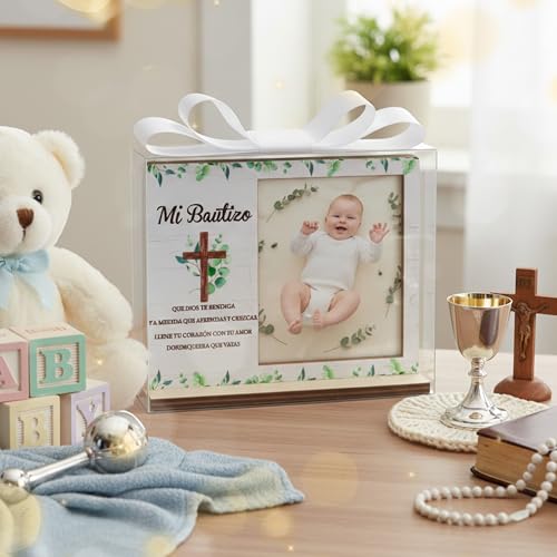 CJiangpo Spanish Baptism Picture Frame - 12 Set Catholic Mi Bautizo Gifts for Baby, Baby Shower Favor Cross Wood Photo Frame with Bows and Clear Plastic Boxes Religious First Communion keepsake - color: Eucalyptus Leaf