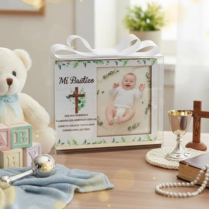 CJiangpo Spanish Baptism Picture Frame - 12 Set Catholic Mi Bautizo Gifts for Baby, Baby Shower Favor Cross Wood Photo Frame with Bows and Clear Plastic Boxes Religious First Communion keepsake - color: Eucalyptus Leaf