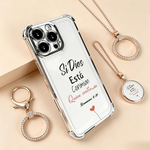 Electroplated Phone Case Compatible with iPhone 17 Pro Max 16 15 14 13 12, Si Dios Esta Conmigo Bible Verse Pattern, Four Corner Shockproof Cover, Women Faith Gift (Silver, iPhone 17 Pro)