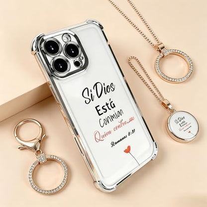 Electroplated Phone Case Compatible with iPhone 17 Pro Max 16 15 14 13 12, Si Dios Esta Conmigo Bible Verse Pattern, Four Corner Shockproof Cover, Women Faith Gift (Silver, iPhone 17 Pro)