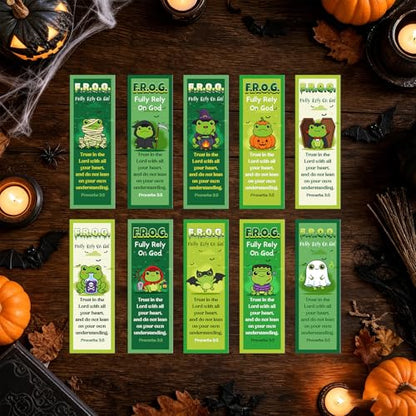 Fully Rely on God Frog Bookmarks - Cosmisun 200 Pcs Halloween Bookmark Paper Christian Bible Verse Book Marks Page Marker Church Gifts for Women Men Sunday School Book Lovers VBS Party Rewards - color: Halloween Frog