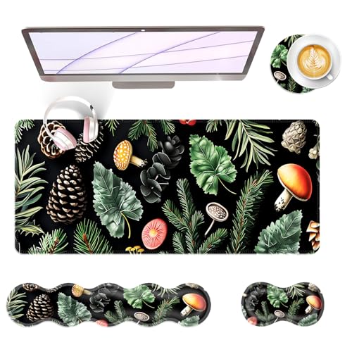 Large Keyboard Mouse Pad Set, Extended Mouse Pad+Keyboard Wrist Rest Support, Memory Foam Ergonomic Easy Typing, 4Pcs (31.5×11.8 in) Desk Pad Set for Office Home,Mushrooms and Leaves - color: Mushrooms and Leaves