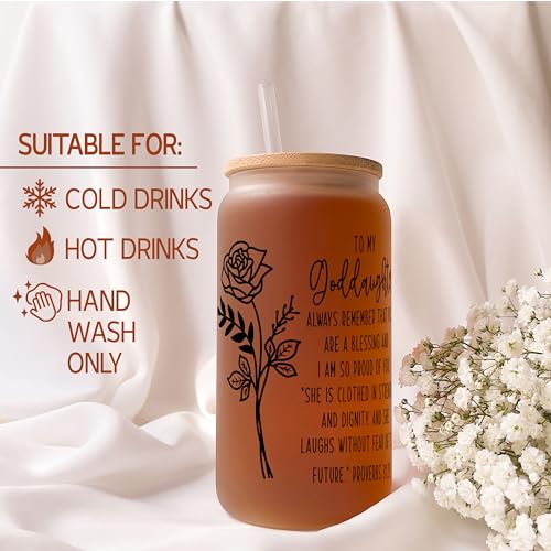 Generic Goddaughter Glass Tumbler, Goddaughter Gifts, Christian Gift, Confirmation Gift for Girl, Goddaughter Mug,Iced Coffee Cup with Lid and Straw, 16 oz