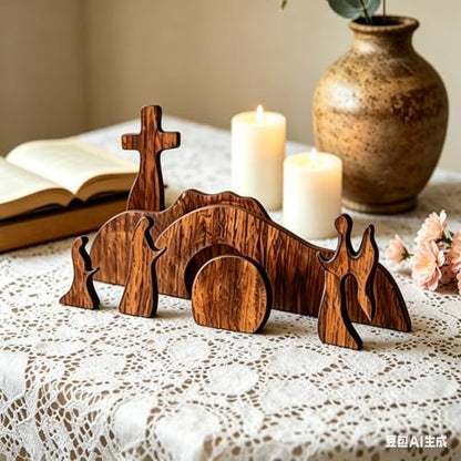 Christian Table Decor Empty Tomb Easter Scene and Cross Decoration for Home Decor, 7PCS Christian Nativity Sets & Figures Tabletop for Living Room, Console Table, Bookshelf, Tv Stand, Entryway