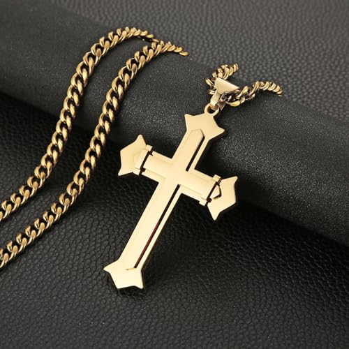 HZMAN Large Stainless Steel Christian Faith Cross Necklace for Men - color: Gold-1
