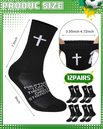 Chicingyou 12 Pairs Cross Grip Soccer Socks, Philippians 4:13 Bible Verse Christian Anti Slip Football Socks for Men Women - color: Black