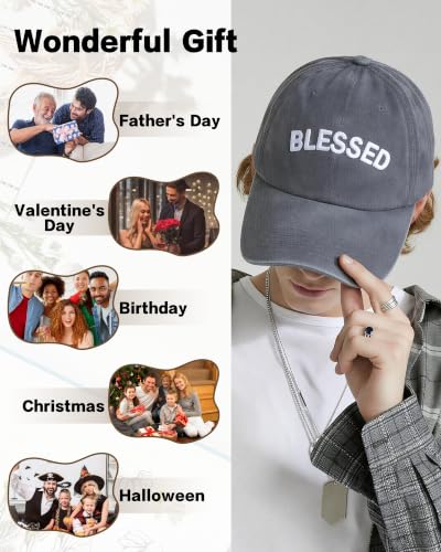Christian Jesus Hats for Men, Adjustable Denim Cotton Faith Blessed Baseball Cap for Women - color: Grey-blessed
