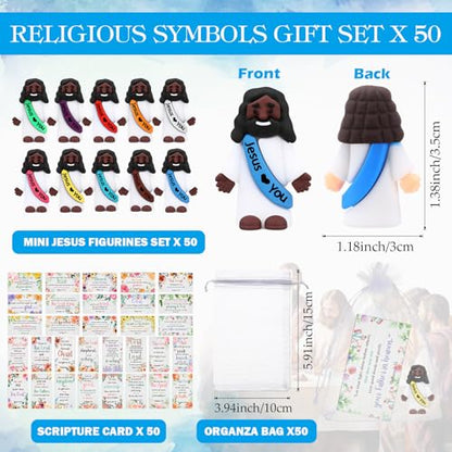 Bememo 50 Sets Christian Gifts Bulk Bible Verse Cards Include Little Jesus Figures Prayer Cards and Organza Bags for Religious Party Favors Sunday Baptism Gifts(Flower Style,Dark) - color: Dark, style: Flower Style