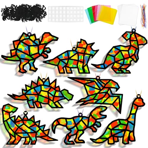 Lonfliness 32Sets Dinosaur Suncatchers Crafts Kit DIY Dino Window Stained Glass Effect Paper Dinosaur Animal Home School Classroom Decoration Art Craft Creative Activity Project Kid Gift Favor - style: Dinosaur