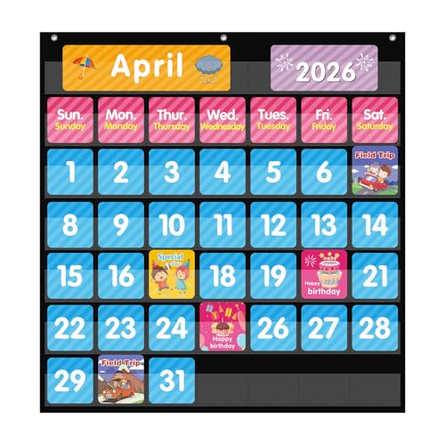 REGELETO Large 44 Pockets Calendar Pocket Chart for Classroom with 85 Cards, Size:25” X 24” Monthly Calendar and Weather Black Pocket Chart for Students Learning for Home or School (44 Pockets) - size: 44 Pockets
