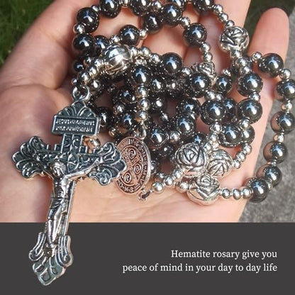 8mm Hematite rosary beads catholic for men and women