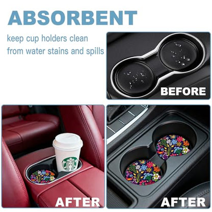Ceramic Car Cup Holder Coasters Set of 2, 2.56 in Tropical Flowers - color: Colorful Tropical Flowers