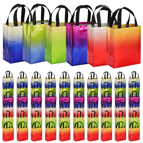 Frcctre 60 Pack 10 x 8 Inch Glossy Reusable Grocery Bags, Non Woven Tote Shopping Bag with Handles Gift Bag Party Favor Bags Goodie Bags for Wedding Birthday Bridal Shower Party, 6 Gradient Colors