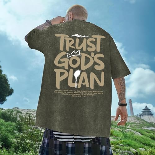 BINTEHGS Oversized Christian T Shirts for Men Jesus Trust Gods Plan Shirt - color: Army Green, size: Large