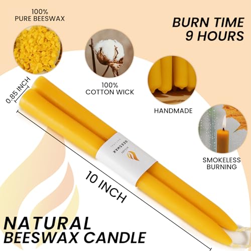 10-Pack 10" Elegant Pure Beeswax Taper Candles, Formal Dinner & Home Decor - color: Yellow, size: 10”