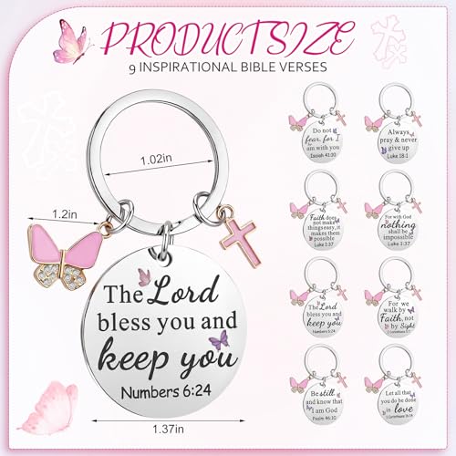 Nosiny 9 Pcs Christian Gift for Women Bulk Bible Verse Religious Keychain Baptism Faith Flower Cross Inspirational Gifts - style: Butterfly, Cross