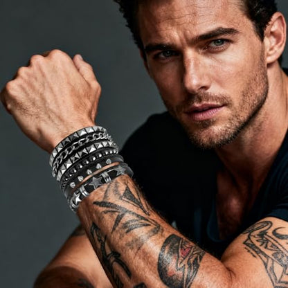 4 Pcs Leather Cuff Bracelets for Men with Spiked Cross Studded Stars Charms - color: Black-Stars Studs