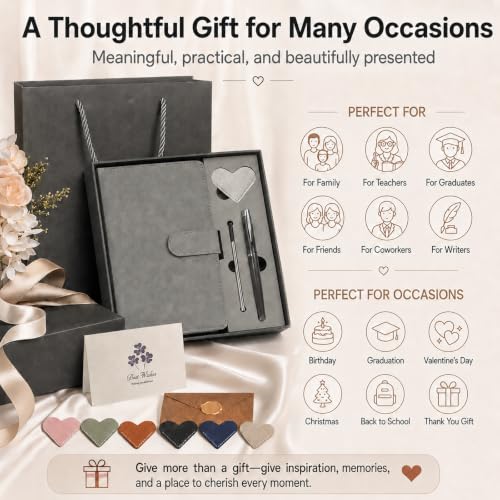 A5 Leather Journal for Women Men, Hardcover Notebook Set with Pen, Gray - color: Gray