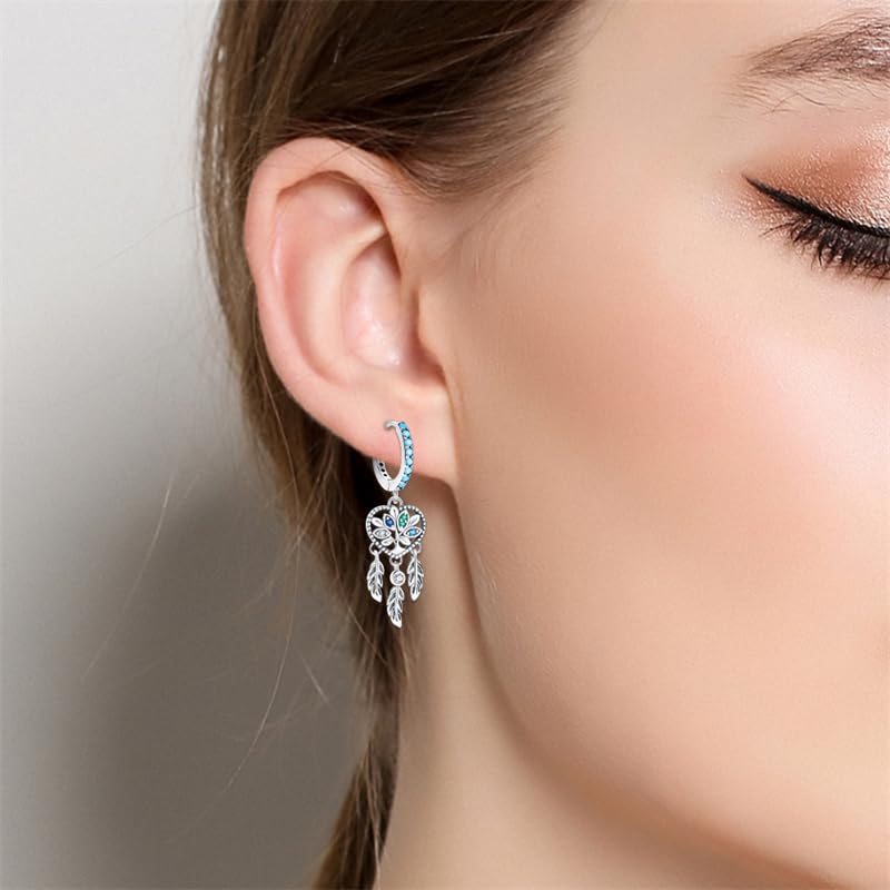 925 Sterling Silver Cute Animal Unique Huggie Hoop Earrings for Women - color: Tree of Life Dreamcatcher