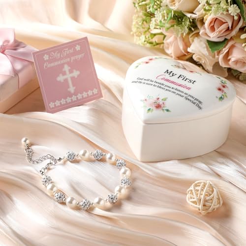 Funtery First Communion Gifts for Girls Ceramic Jewelry Keepsake Box with a Pray Card 1st Holy Communion Gifts for Girls Boys(Heart,Pink)