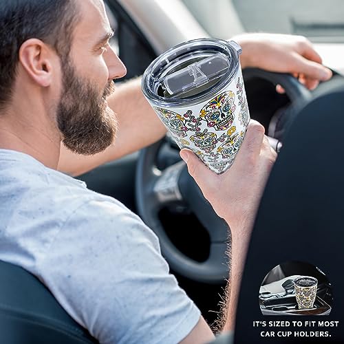 30oz Sugar Skull Tumbler Double Vacuum-Insulated | Keep Drinks 20H Cold/5H Hot, Travel Mug for Camping/Gym/Office, Day of the Dead/Halloween/Christmas Gift - color: White Sugar Skull