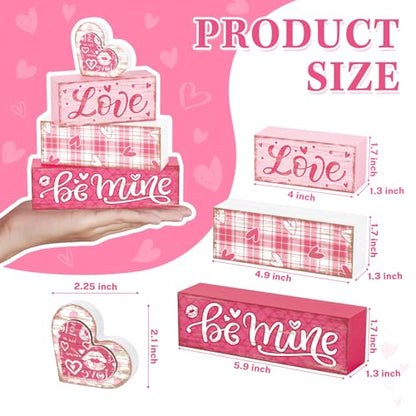 Britimes Tiered Tray Decor Set, 4 Pack, Wooden Table Sign, Valentine Plaid - style: Pink Love Plaid