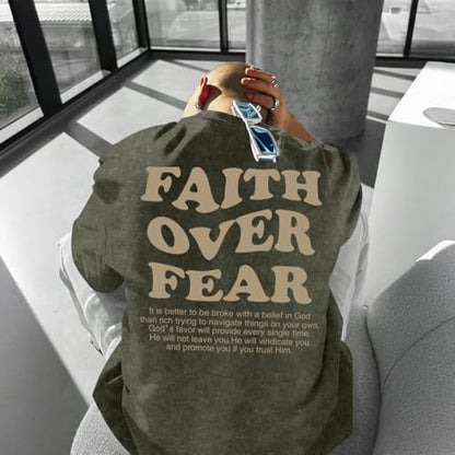 Christian Shirts for Men Faith Over Fear Oversized Tees - color: Army Green, size: X-Large