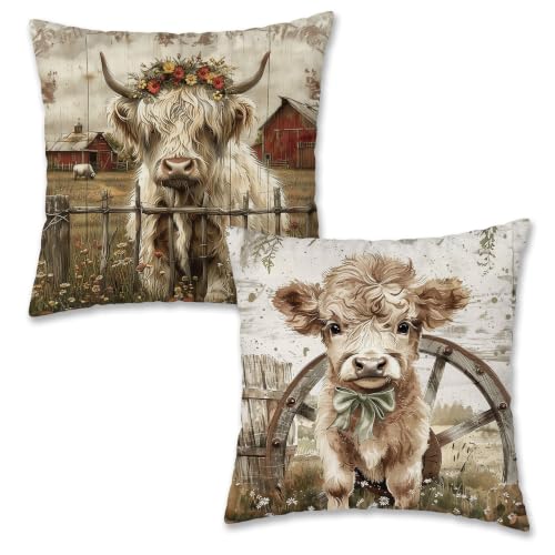 Farmhouse Highland Cow 18x18 Pillow Covers Set of 2 - color: Highland Cow-8