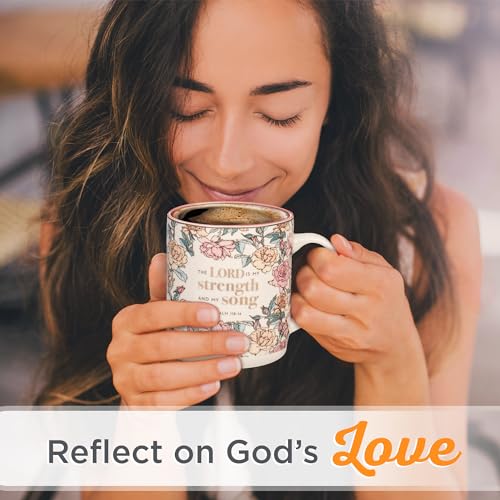 Christian Art Gifts Pink Floral Ceramic Coffee Mug – 14 oz. Lead and Cadmium-free Non-toxic Inspirational Scripture Coffee and Tea Mug for Women with Bible Verse: My Strength and My Song –Psalm 118:14
