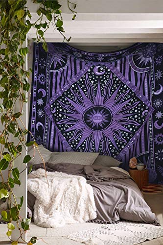 Popular Handicrafts Wall Hanging Tapestry For Bedroom Hippie Burning Sun and Moon Meditation Bohemian Hippy Psychedelic Design Indian Tapestries Bedspread 90 x 108 inches (230cm x 270cm) Green - color: Purple, size: 108"L x 90"W