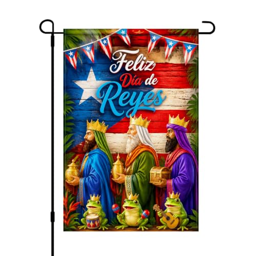 IVN Puerto Rican Three Kings Day Garden Flag 12x18 Inch Double Sided - color: Festive Kings and Frogs