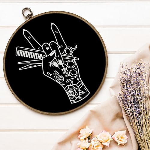 GTYNU Hair Stylist Round Wall Art Decor, Barber Shop Salon Decor Canvas Prints Framed, Rock Barber Hand Circle Wall Hanging Decorations for Hairdresser Beauty Studio, 10x10 Inch（black） - color: Decor 09d