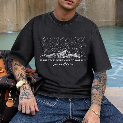 Christian Faith God Shirts for Men Jesus Bible Verse Shirt Oversized Acid Wash Tshirts Star Mountain Graphic Tees - color: Black, size: Medium