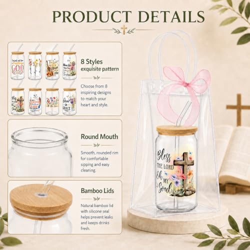Iced Coffee Mugs, 8 Sets, Glass, 16 oz, Reusable, Christian Boho - color: Christian Faith