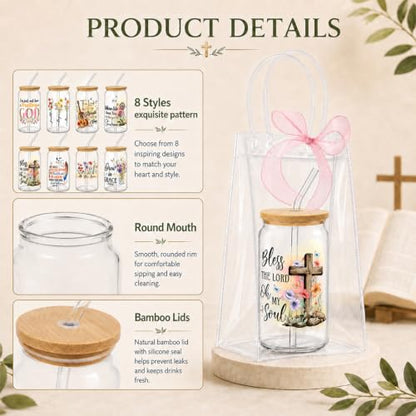 Iced Coffee Mugs, 8 Sets, Glass, 16 oz, Reusable, Christian Boho - color: Christian Faith