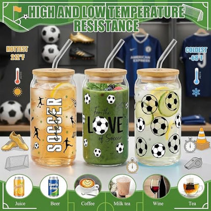 Glass Cups with Lids and Straws, 4Pack, 16oz, Soccer Football - color: Soccer