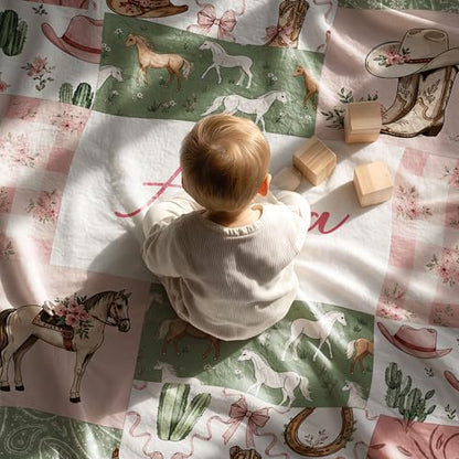 Personalized Western Baby Blanket Girl, Pink Bow Western Boots Pattern, Custom Name Toddler Kids Throw Blanket, Girly Ranch Nursery Decor, Baby Girl Gift - color: Western Baby Blanket Girl