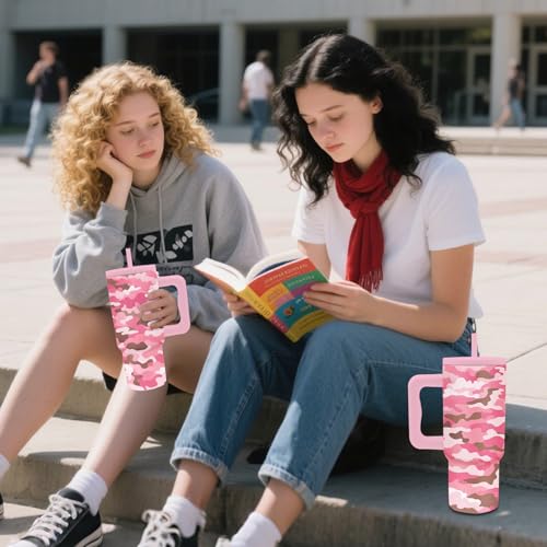 24 oz Pink Leopard Camouflage Tumbler with Handle and Straw, Leopard Gifts - color: Pink Camouflage