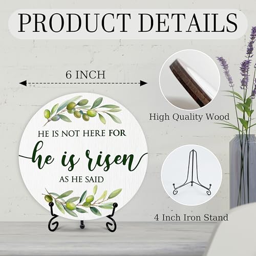 He Is Risen Sign, Religious Easter Decorations for Home Office, Christian Round Wood Plaque with Stand, Easter Table Decor for Entryway Shelf, Resurrection Decor for Easter, Spring Gifts (42)