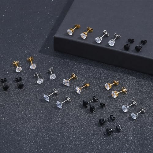 NEWITIN 24 Pairs Stainless Steel Earrings for Men Hypoallergenic Inlaid Cubic Zirconia Studs Hoop Earring Cross Dangle Earrings Unisex Punk Stud Earring for Women Men - color: Cubic Zirconia