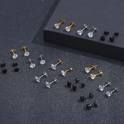 NEWITIN 24 Pairs Stainless Steel Earrings for Men Hypoallergenic Inlaid Cubic Zirconia Studs Hoop Earring Cross Dangle Earrings Unisex Punk Stud Earring for Women Men - color: Cubic Zirconia