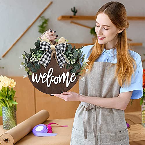 Welcome Sign for Front Door, 12 Inch Round Wood Wreath