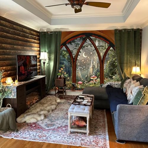 Lifeella Fantasy Castle Window Tapestry, Magic Woodland Scene Large Wall Backdrop, Fairytale Moon Mural for Bedroom Dorm Living Room Decor, 60x80 inches - color: Castle, size: 80"L x 60"W