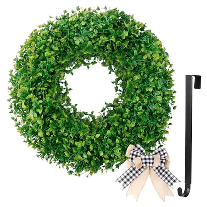 24 inch Boxwood Wreaths for Front Door with Burlap Bow and Hook